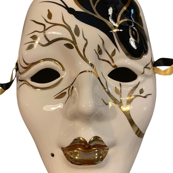 Vintage 80s 90s venetian handmade ceramic gold black white butterfly mask Decor - Picture 3 of 9
